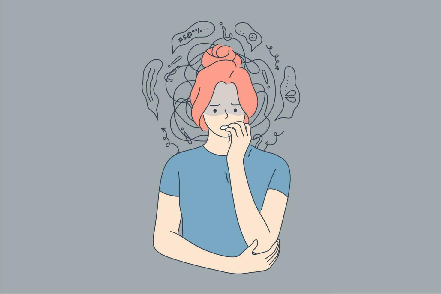 Emotion, face, expression, frustration, panic attack, mental stress, anxiety concept. Young anxious worried woman girl teenager character looking stressed and nervous with hands on mouth biting nails. vector