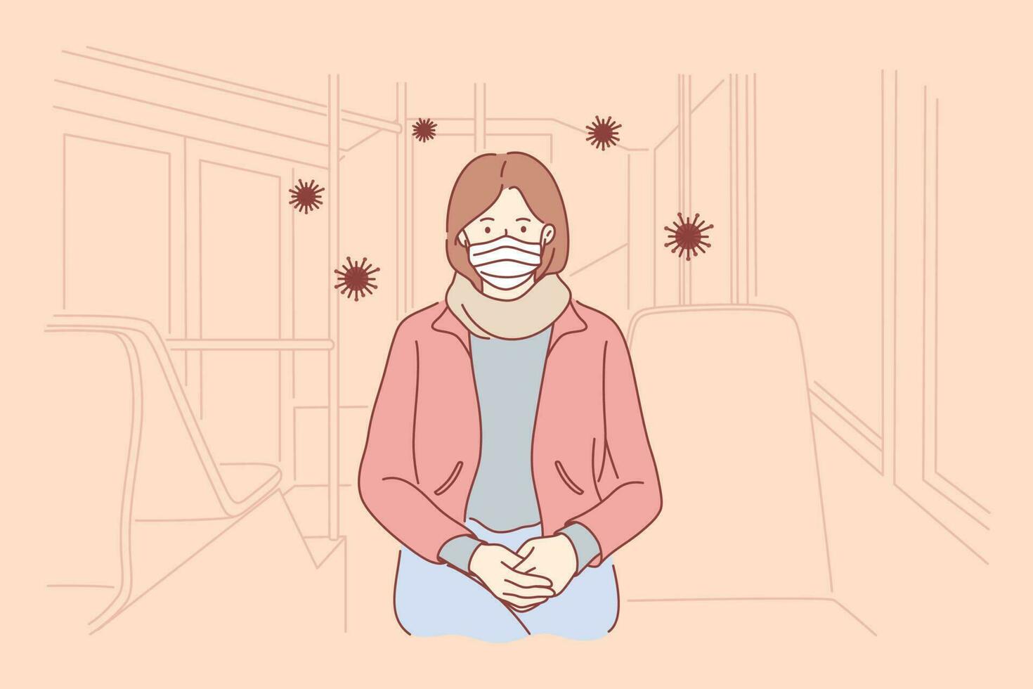 Biohazard, danger, coronavirus, protection concept. Woman cartoon character in medical mask sitting train or subway van. 2019ncov infection risk or threat and covid19 desease flat vector illustartion