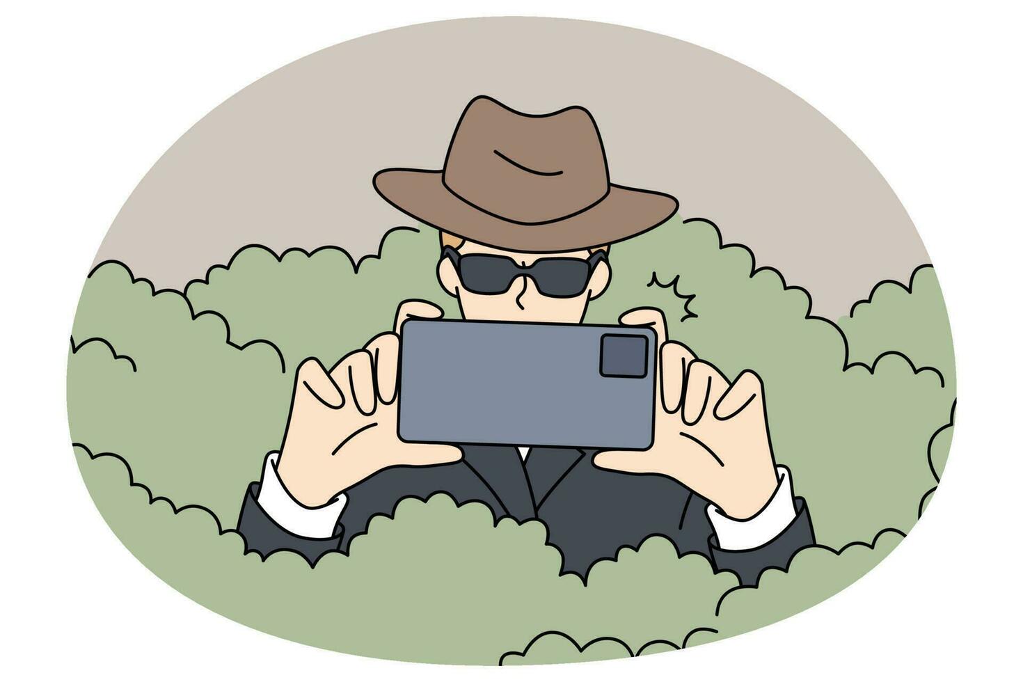 Private detective with camera spying in bushes vector