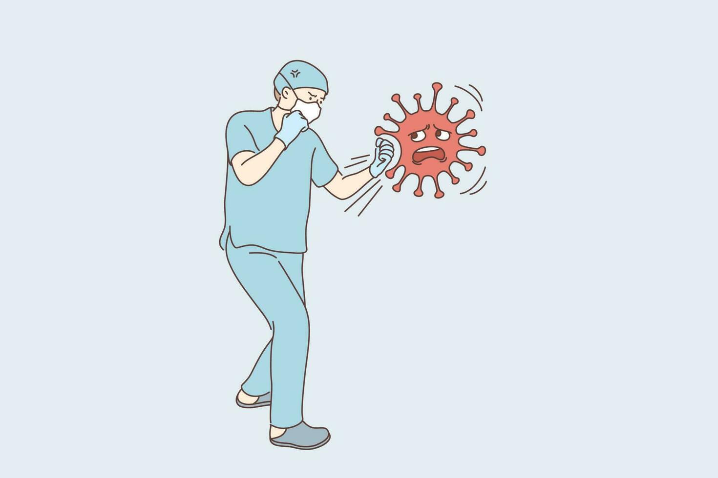 Coronavirus, fighting, infection, protection concept. Young man doctor cartoon character in medical face mask hitting or boxing 2019ncov virus. Struggle against covid19 pandemic desease illustration. vector