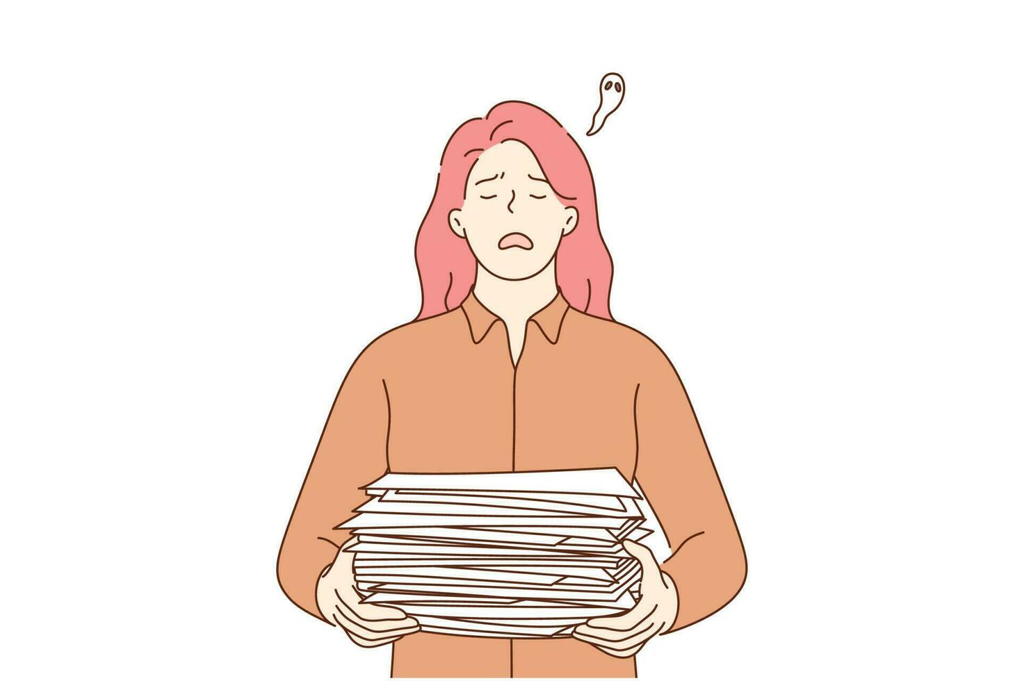 Overworking, depression, deadline, mental stress, business concept. Young frustrated upset businesswoman clerk manager character holding big pile of document. Fatigue because of overload illustration. vector