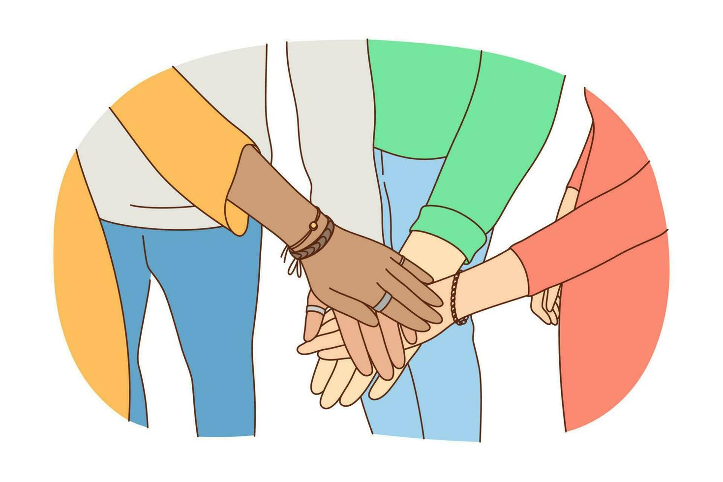 Friendship, business, teamwork, leadership, partnership concept. Group of businesspeople friends team crossing hands in pile for win. Cooperation initiative successful goal achievement illustration. vector