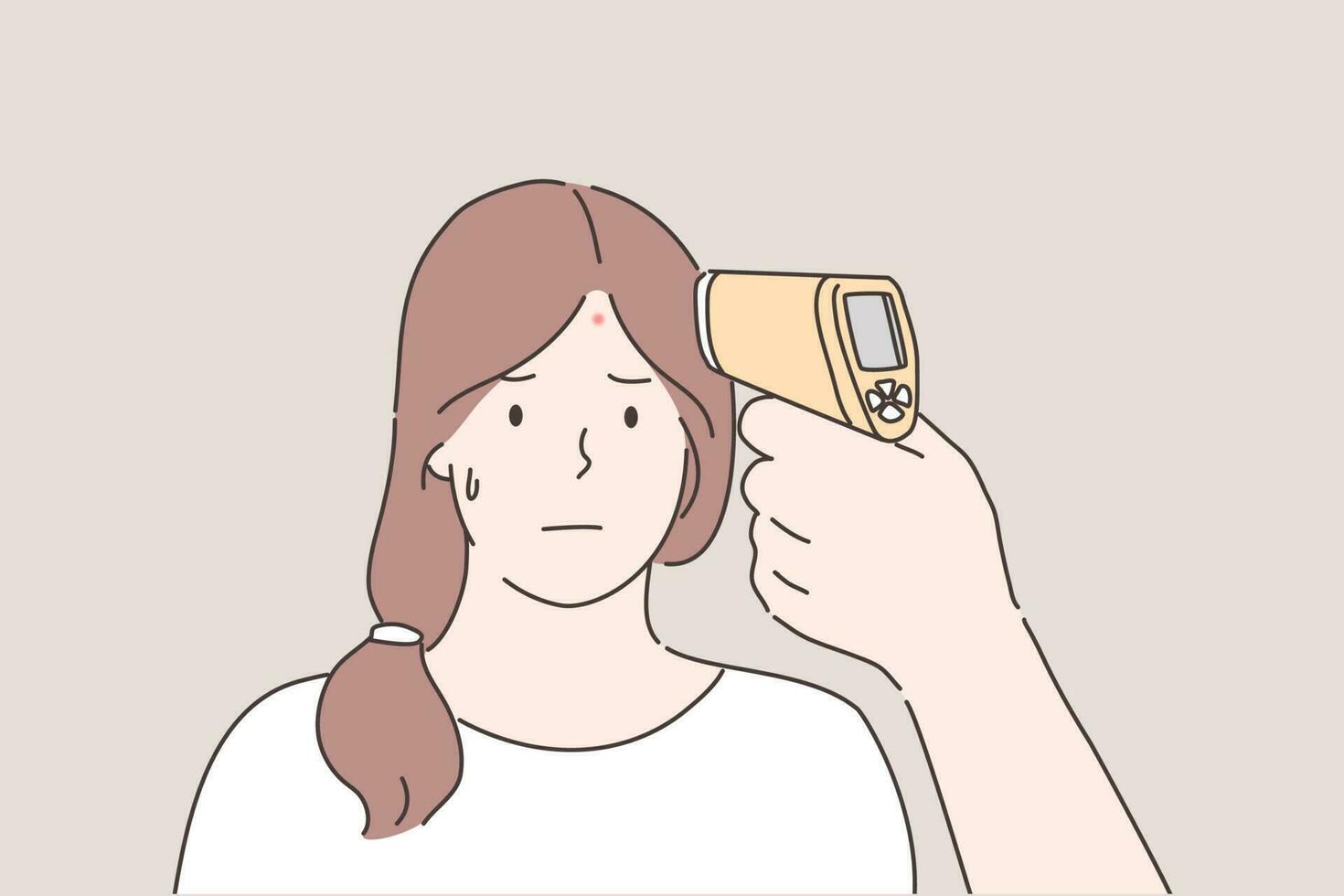 Temperature measurement, medicine concept. Young woman or girl cartoon character measured heat by medical non contact infrared thermometer gun handheld forehead. Modern medicine reading procedure. vector