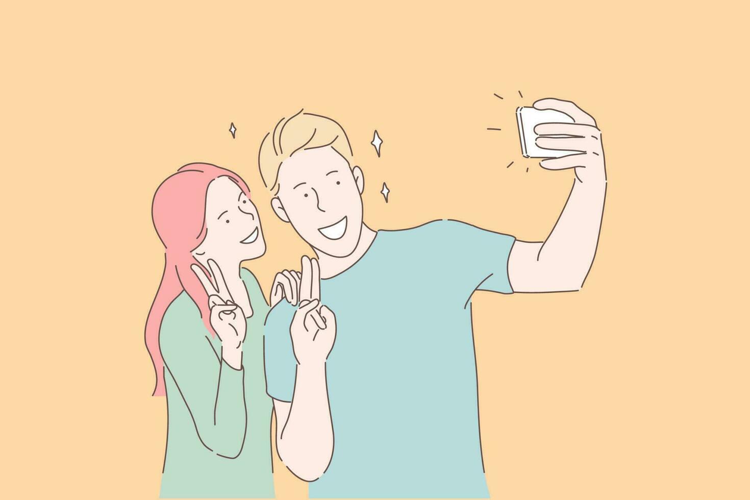 Making selfie, smiling couple, victory gesture concept. Boy and girl, romantic couple posing for smartphone camera. Cheerful teenagers taking picture using mobile phone. Simple flat vector