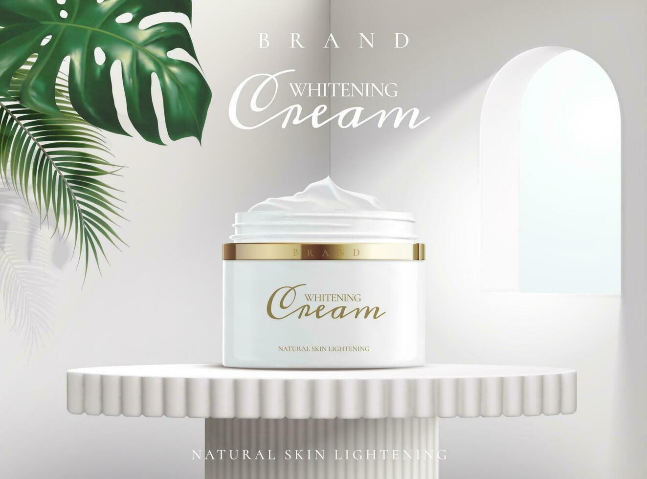 Whitening cream in package on a white stand with light coming in through a window and tropical plants , 3d illustration for cosmetic ads. vector