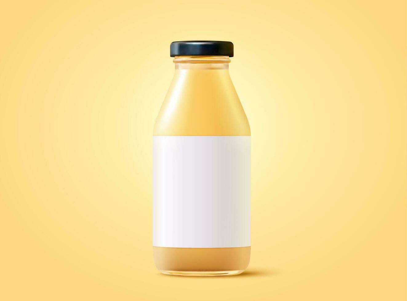 Apple juice glass bottle template in 3d illustration over yellow background vector