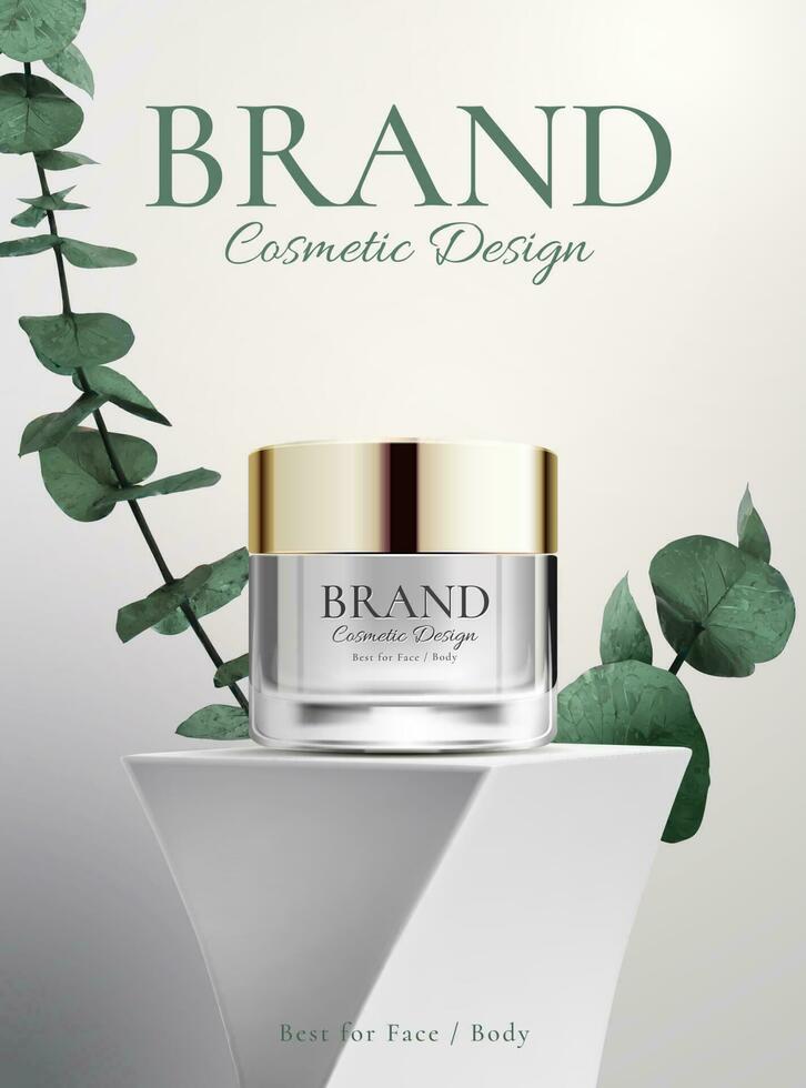 Body and face cosmetic product on a abstract design stand with a plant on white background in 3d illustration vector