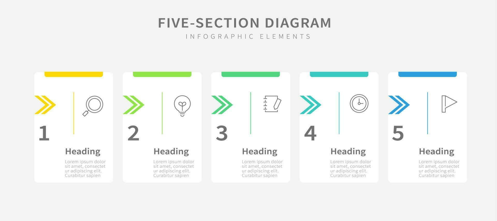 Five section diagram infographic template with heading banners and icons vector