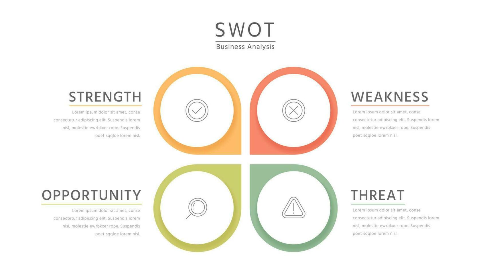 Four colorful elements with text placed around circle, concept of SWOT-analysis infographic template or strategic planning technique vector