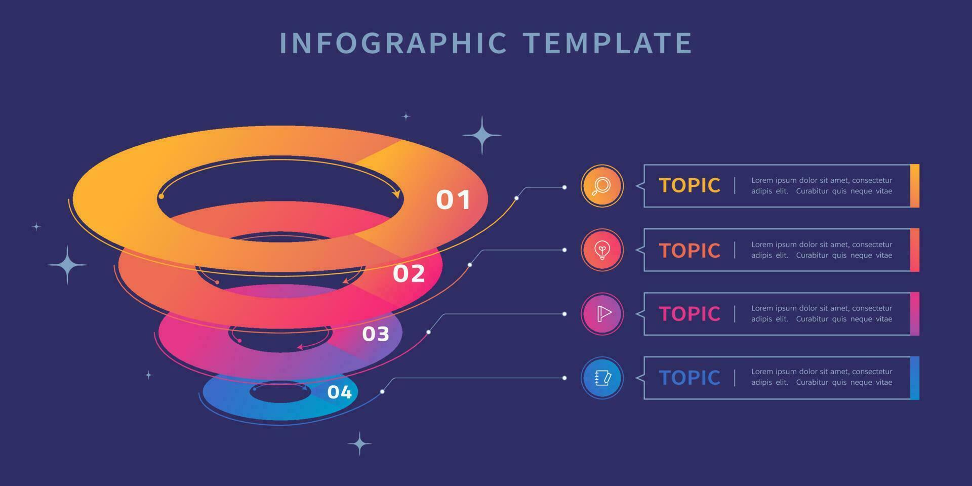 Four stacked circle layers infographic on blue background for presentation and business use vector