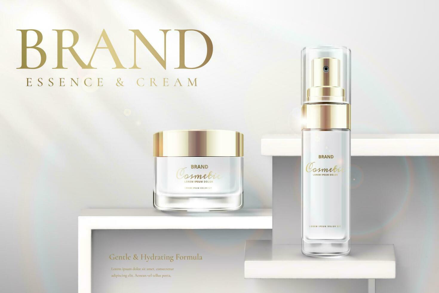 Cosmetic products ad template. Elegant essence and skincare products on white background in 3d illustration. vector