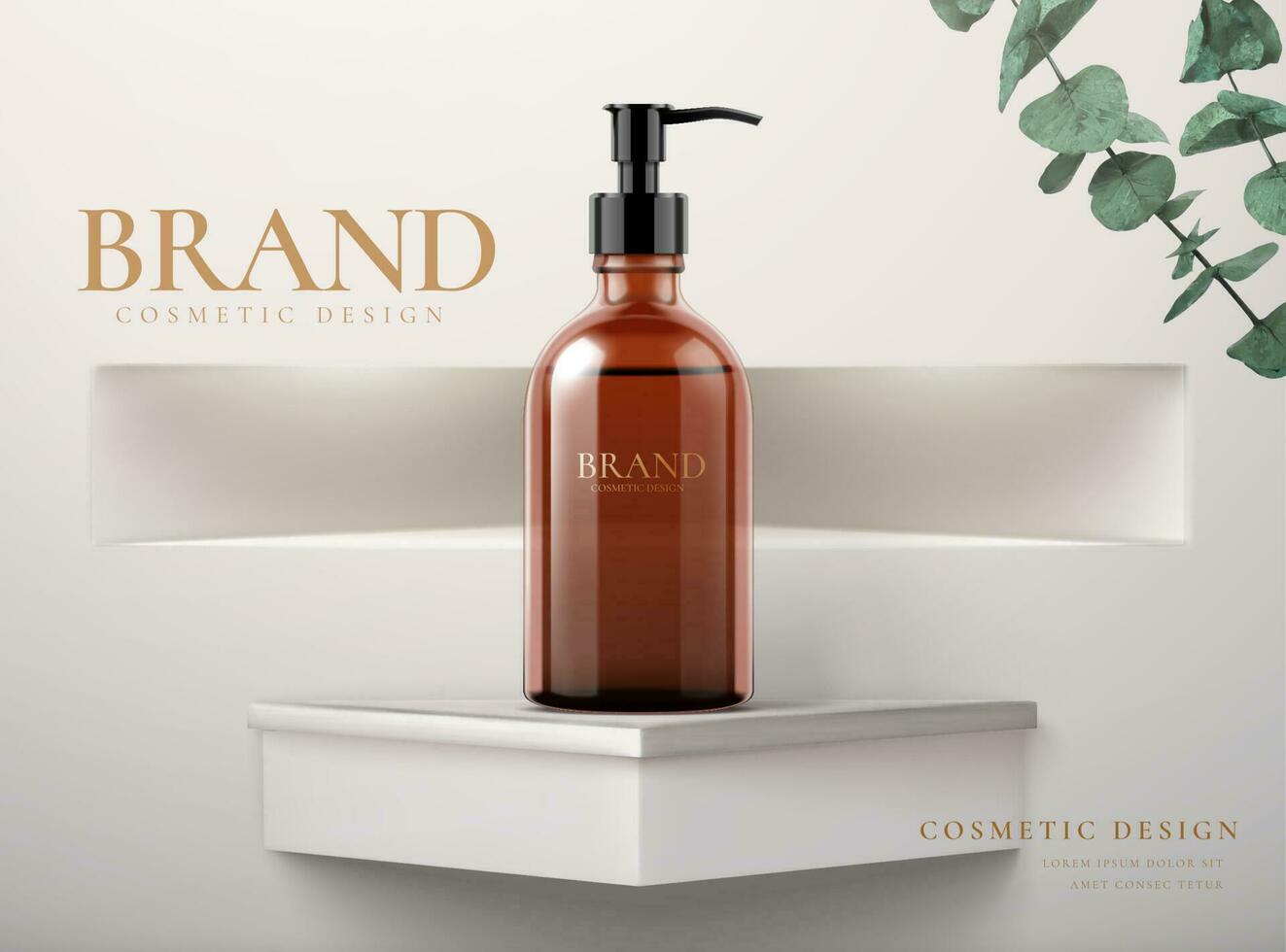 Cosmetic product poster, brown liquid bottle on a geometric stage in 3D illustration vector