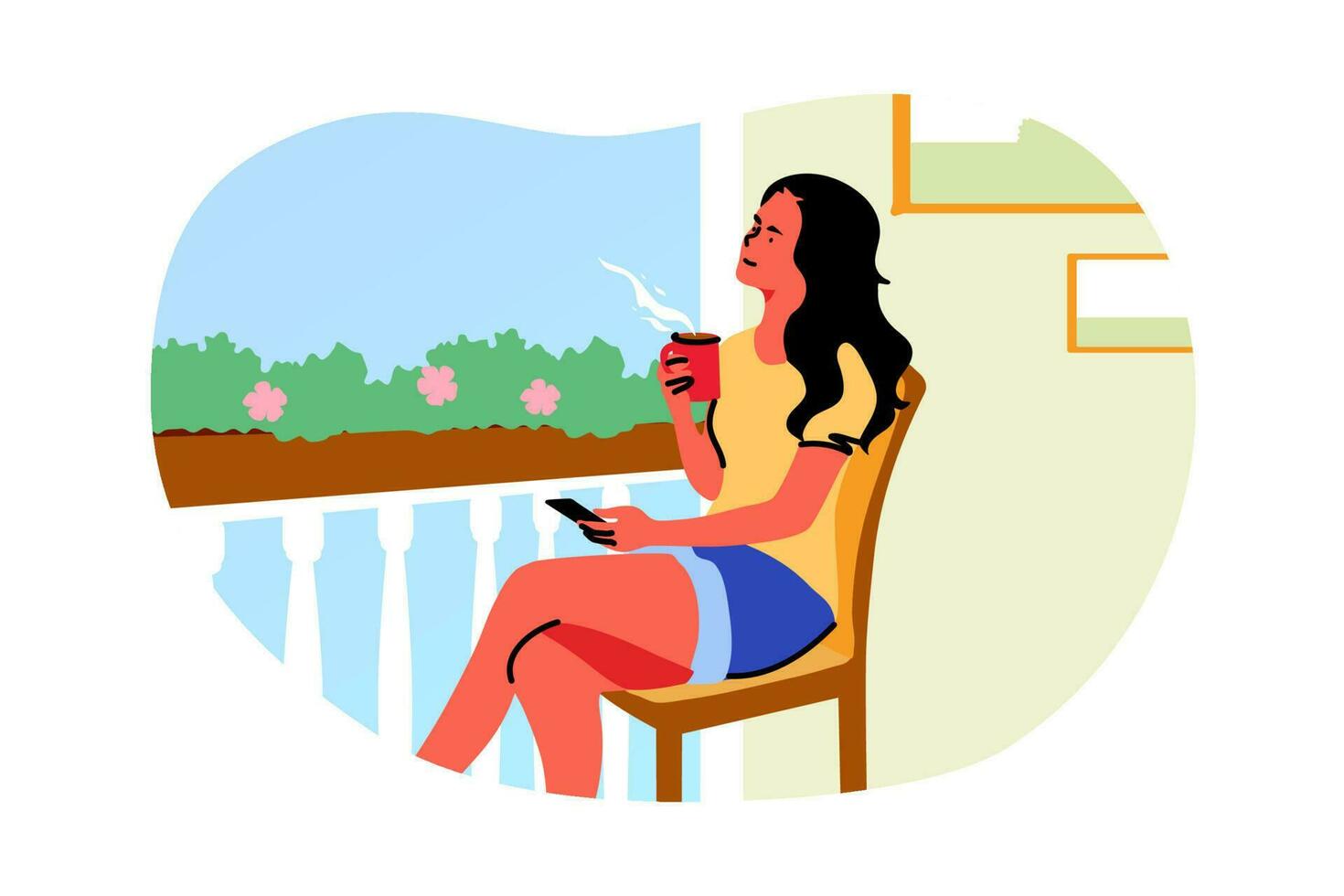 Recreation, weekend, dream, thought, summer concept. Young woman sitting on balcony near flowerbed with plants on chair holding cup of tea drinking enjoying sunny weather. Rest at weekend illustration vector