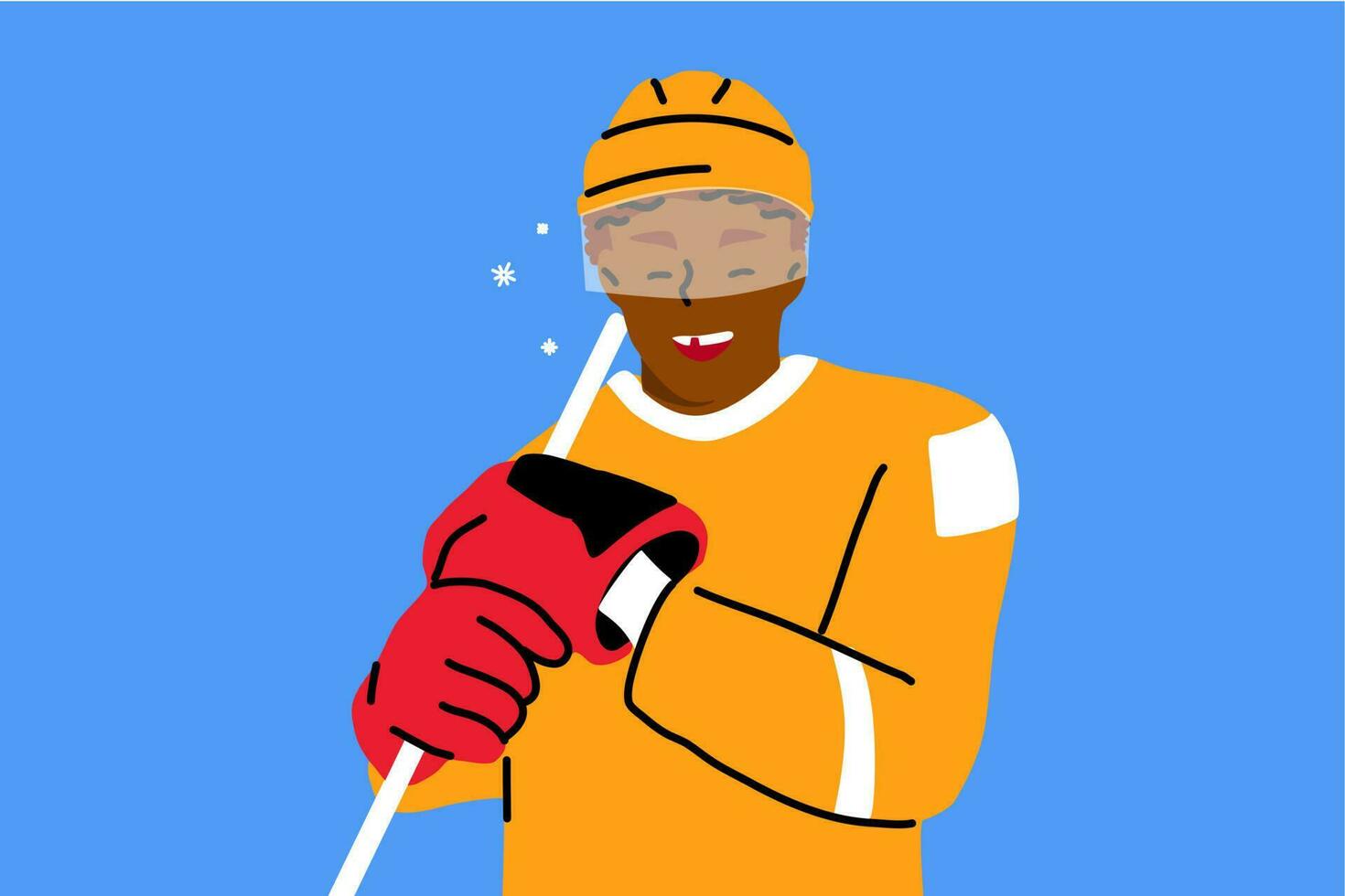 Sport, game, athletics concept. Young happy african american man guy hockey player with one broken front tooth laughing standing with stick and uniform looking at camera. Active lifestyle illustration vector