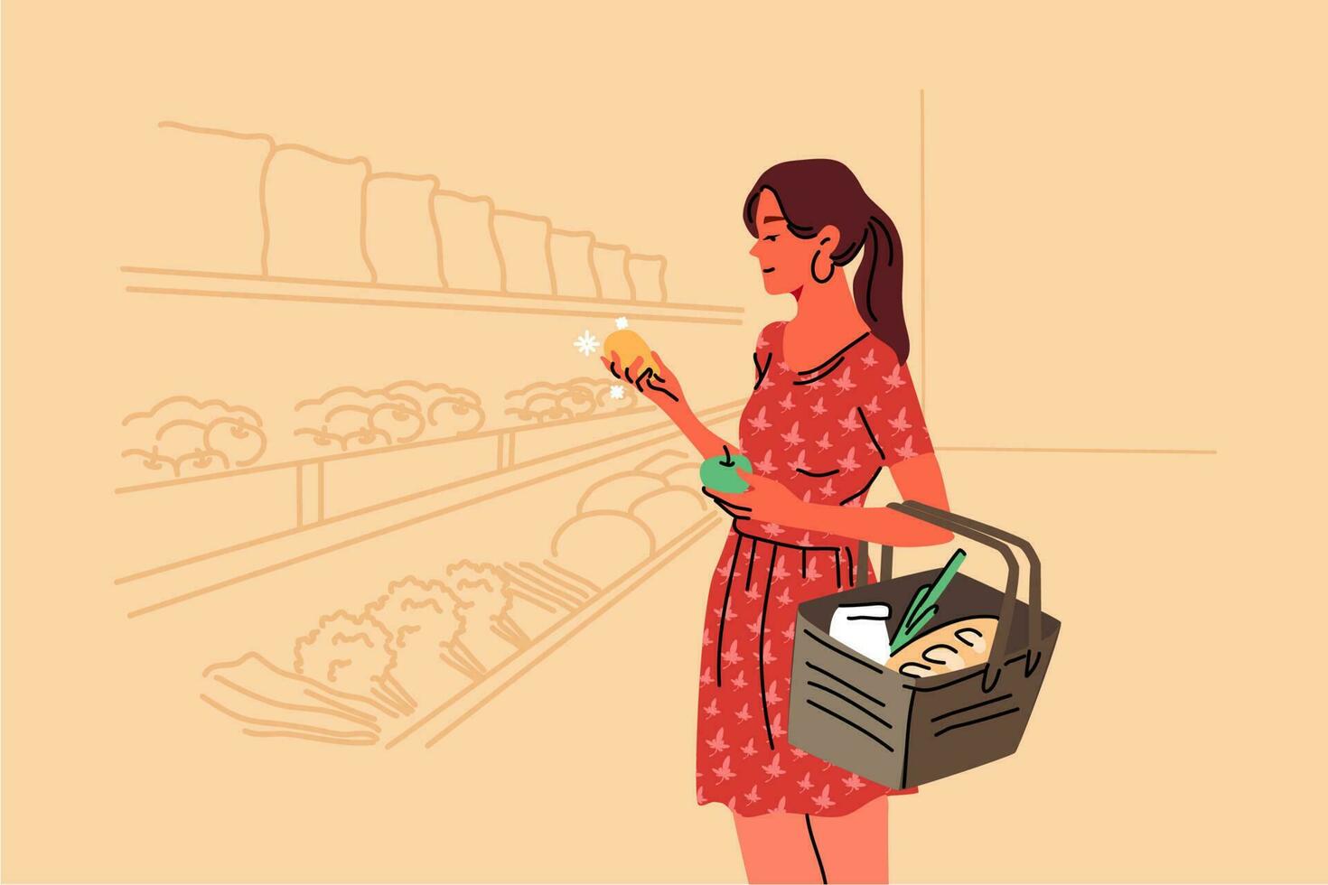 compras, venta, cocina, almacenar, comprar concepto. joven mujer comprador consumidor cliente personaje elegir comida productos en tienda de comestibles tienda supermercado participación frutas en mano. diario vida recreación ilustración. vector