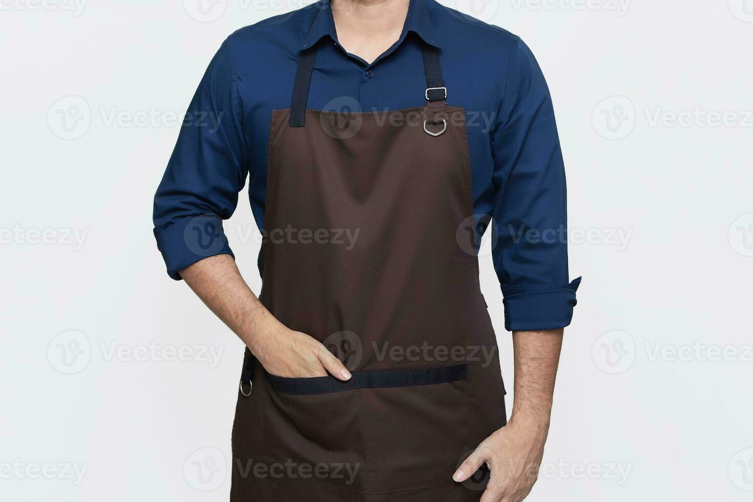 Asian Man wearing Apron in casual stylish clothing, standing tall pose with one hand in the apron pocket, confident gesture, no face, isolated white background photo