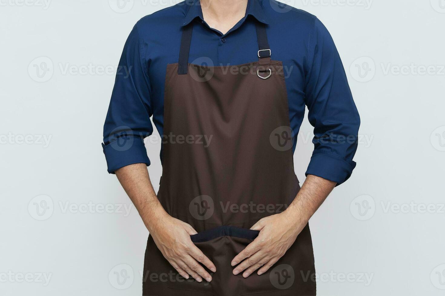 Asian Man wearing Apron in casual stylish clothing, standing tall pose with both hands in the apron pocket, confident gesture, no face, isolated white background photo