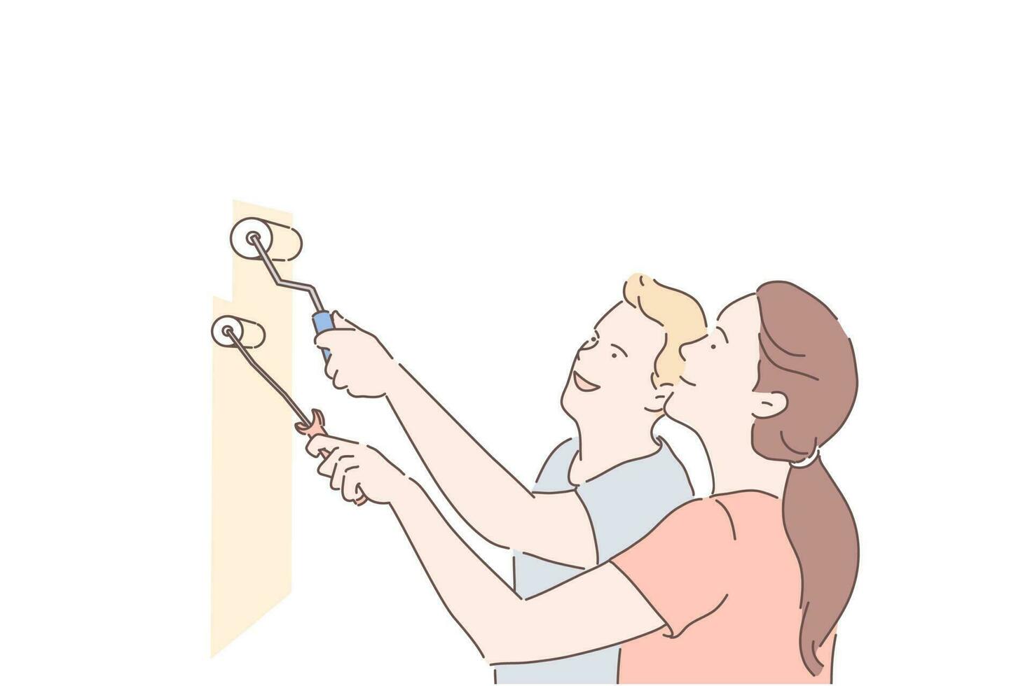 Repair, family, teamwork, painting concept. Young couple man and woman make repairs in new house or apartment together. Happy guy and girl lovers paint wall in room. Useful leisure, hobby. Flat vector