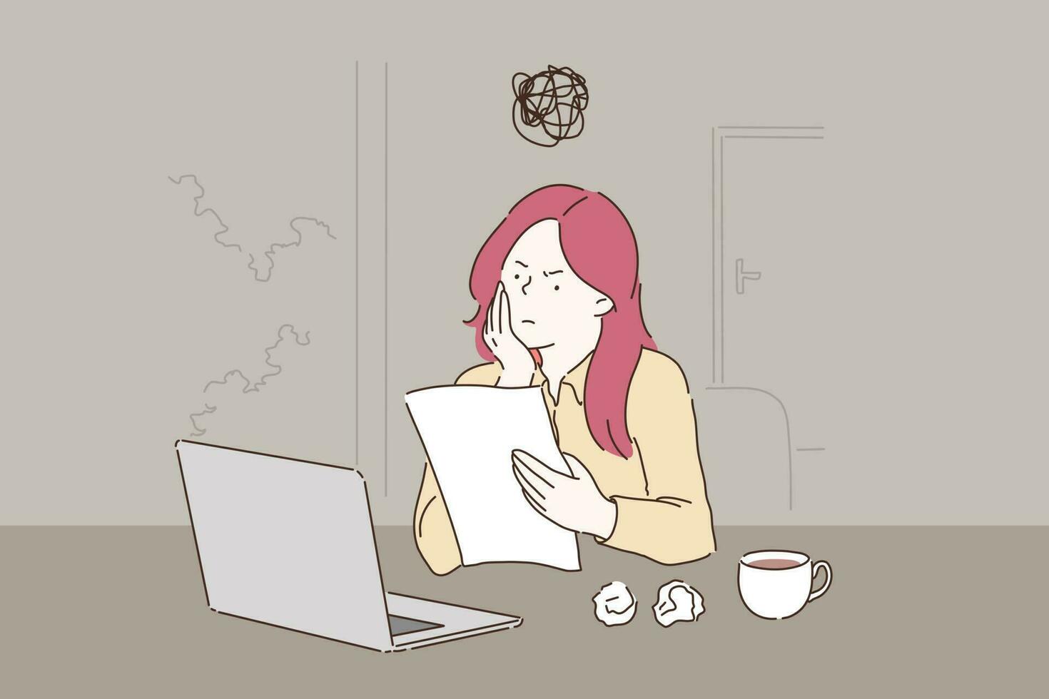 Creative crisis, burnout cartoon concept. Woman working with laptop, reading document with dissatisfied facial expression, student writing essay with several spoilt drafts. Simple flat vector