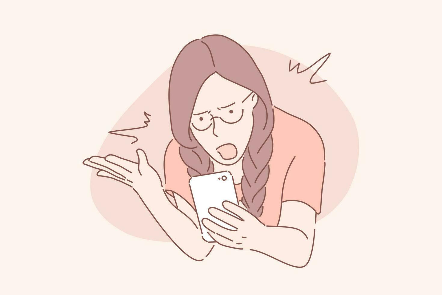 Anger, frustration, confusion concept. Nervous girl looking at smartphone screen. Furious teenager irritated with phone malfunction. Mad woman angry with bad message. Simple flat vector