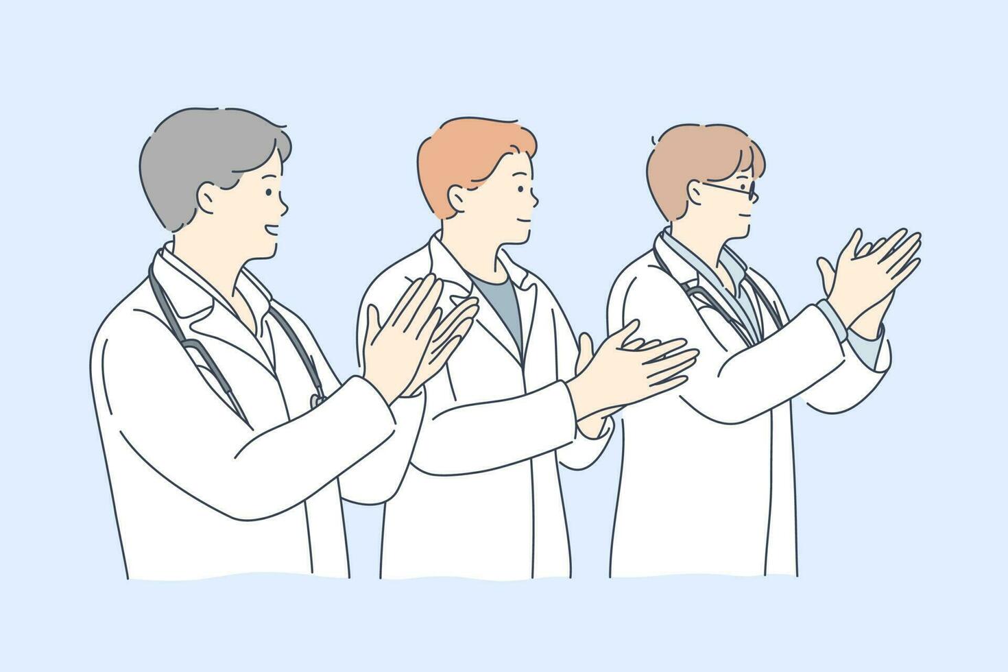 medicamento, aplausos, equipo, éxito concepto. grupo de joven hombres hospital doctores médico trabajadores dibujos animados caracteres mano aplausos juntos. objetivo logro o apoyo y felicidades ilustración. vector