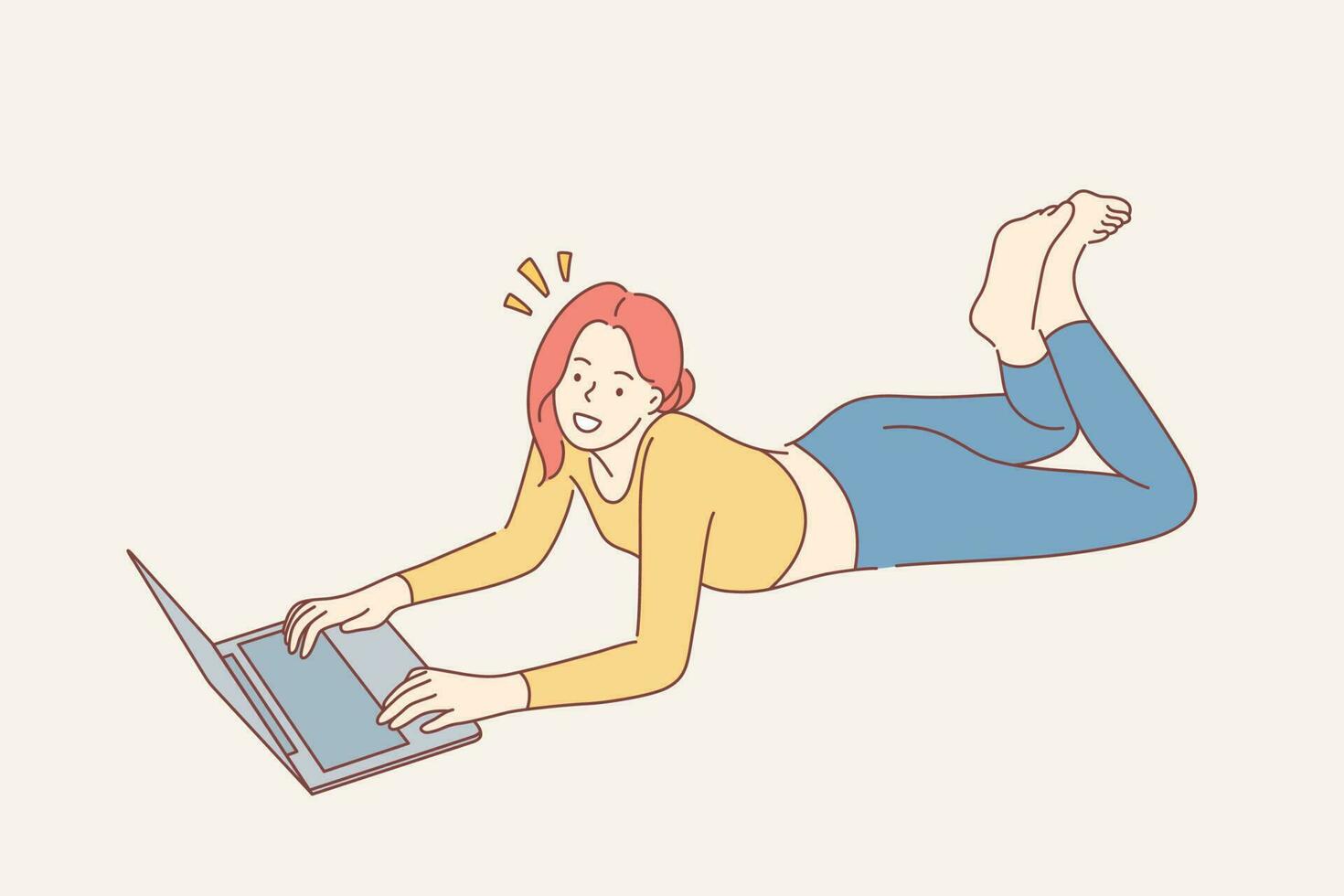 Home rest, leisure time concept. Young happy smiling woman girl teenager freelancer cartoon character lying on floor with laptop and looking straight at camera. Recreation and relaxation lifestyle. vector