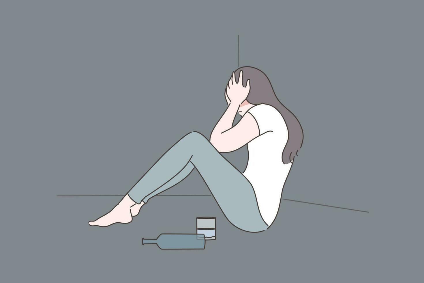 Female alcoholism, depression, addiction, mental stress concept. Depressed frustrated woman alcoholic cartoon character sits on floor with bottle of beverage. Loneliness and raising of mental stress. vector