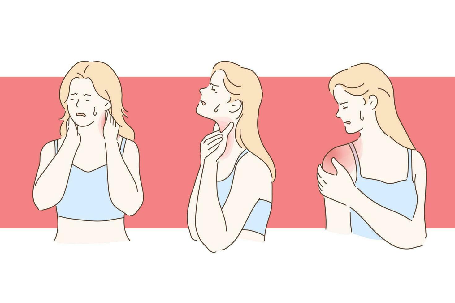 Young girl with arthralgia concept. Patient with sore throat, stretched neck muscles and painful joints inflammation, woman suffering from pain set. Simple flat vector