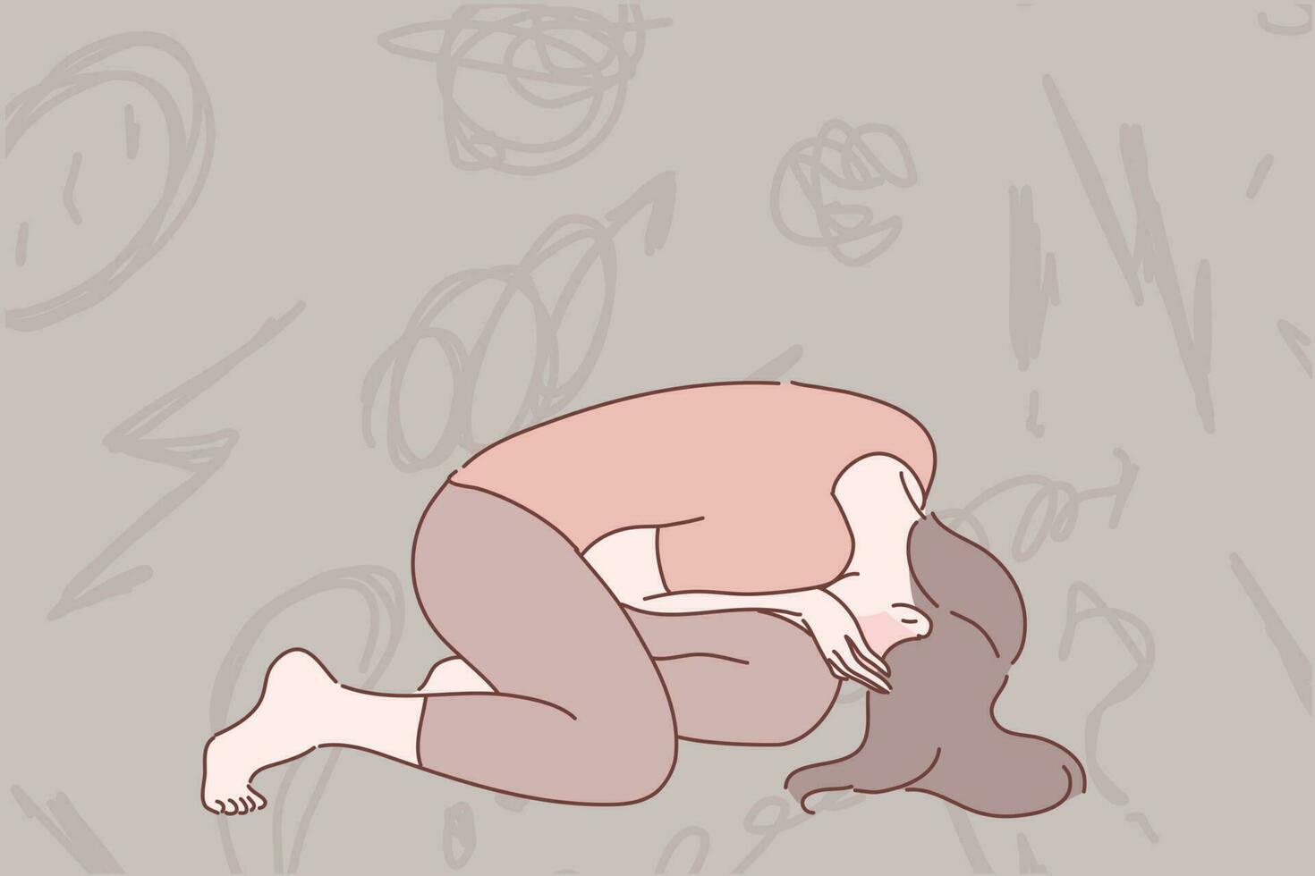 Despair, frustration, depression concept. Young depressed desperate woman or girl cartoon character sitting on floor covering face. Fatigue and raising of mental stress because bad news illustration. vector