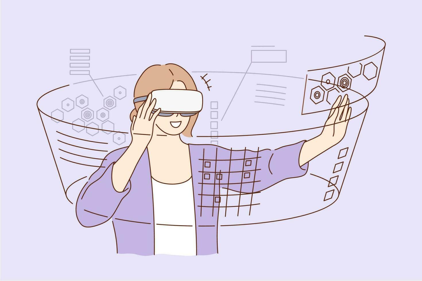 tecnología, virtual realidad, entretenimiento concepto. joven contento sonriente emocionado mujer niña dibujos animados personaje en pie con vr lentes gafas de protección. tecnológico Progreso y moderno estilo de vida ilustración. vector