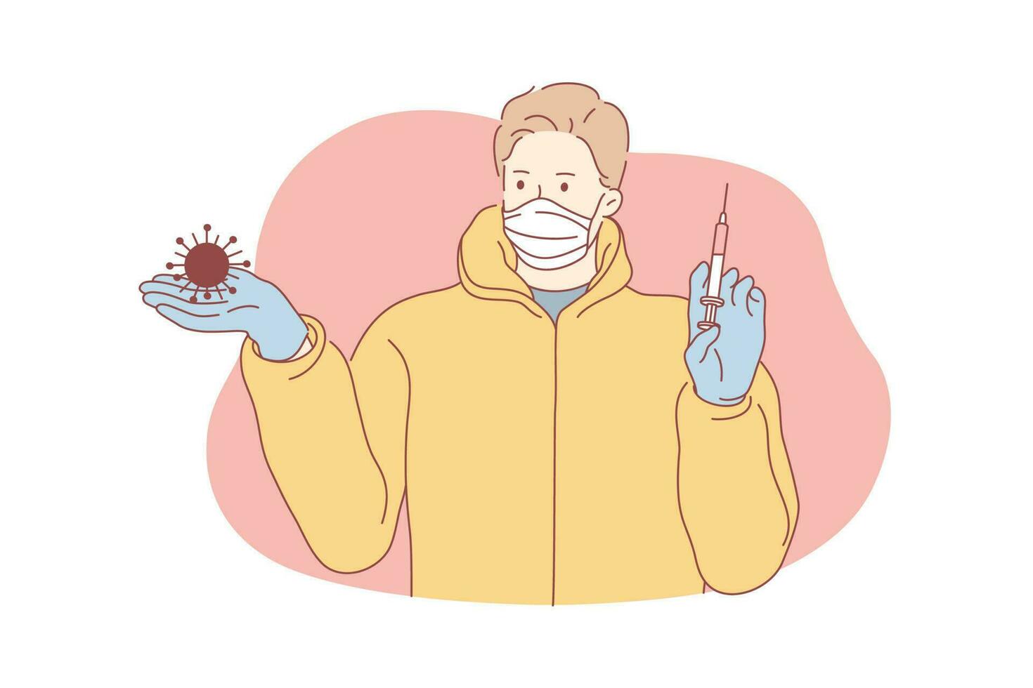 Coronavirus, vaccine, healthcare concept. Young man or boy cartoon character in medical face mask holding syringe with cure from COVID19 desease. 2019ncov infection influenza treatment illustration. vector