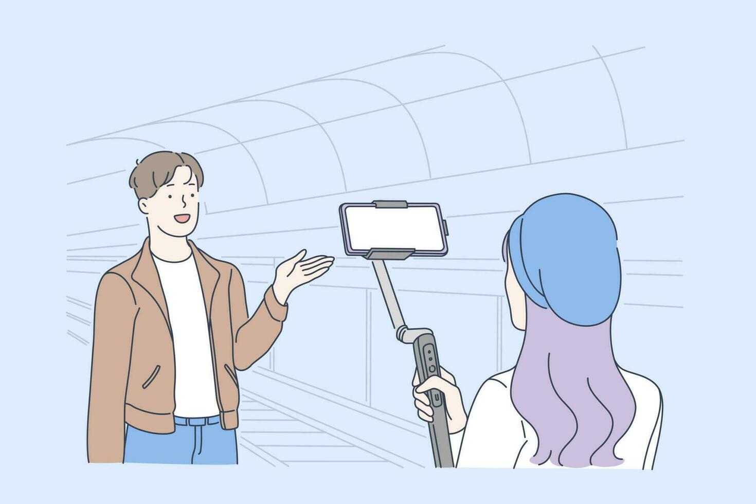 Blogging and vlogging, live video streaming, influencer opinion concept. Blogger, vlogger shooting video at underground station, create engaging content and social sharing. Simple flat vector