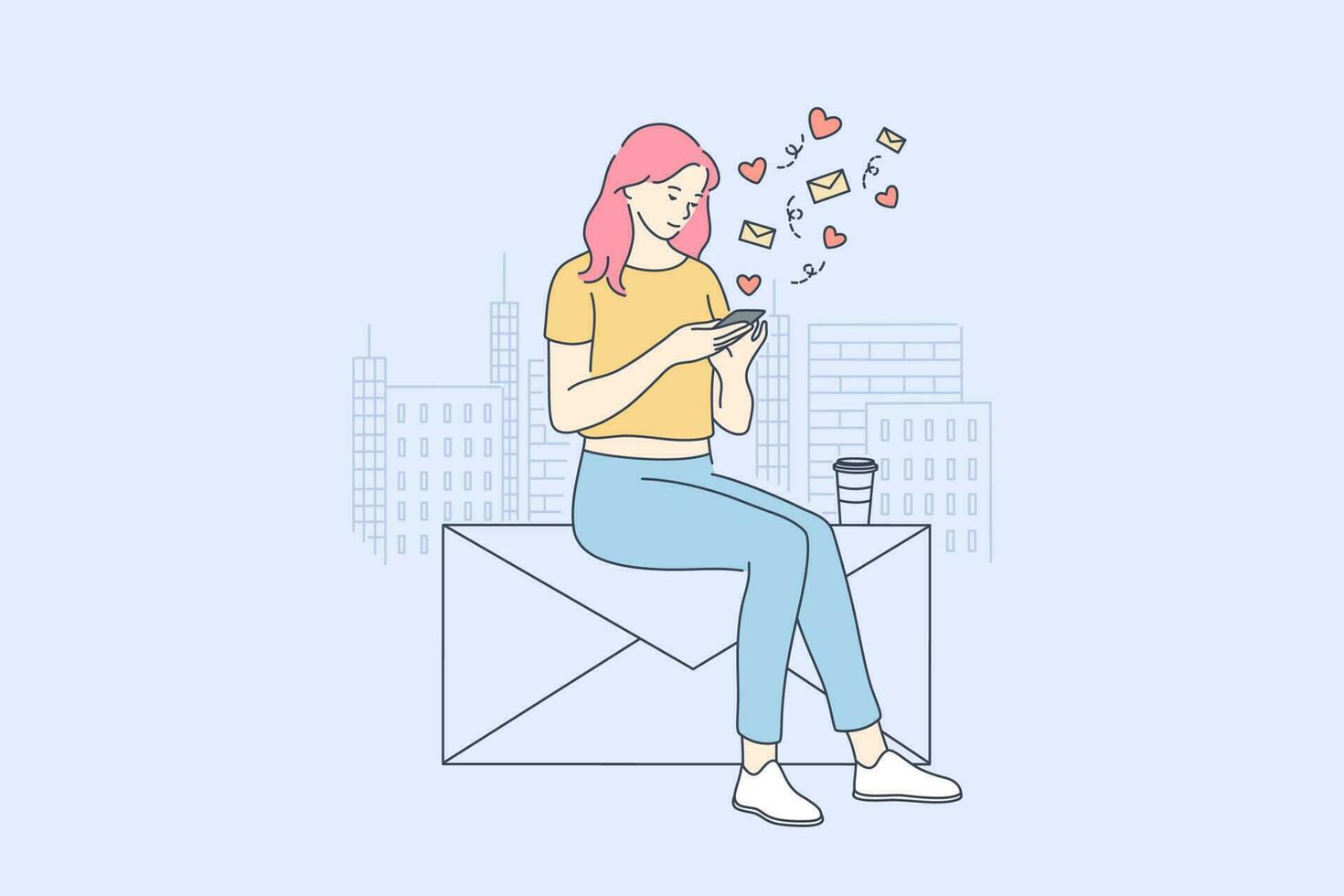 Communication, network, technology concept. Young woman girl teenager blogger character using smartphone with social media app for sending messages putting likes online. Addiction to remote chatting. vector