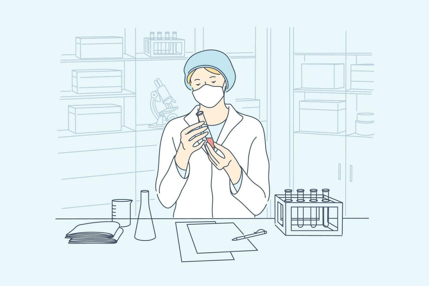 Science, coronavirus, chemistry, medical vaccine concept. Young woman doctor worker in medical face mask creates vaccine from COVID19. Scientific test academic research 2019ncov infection illustration vector