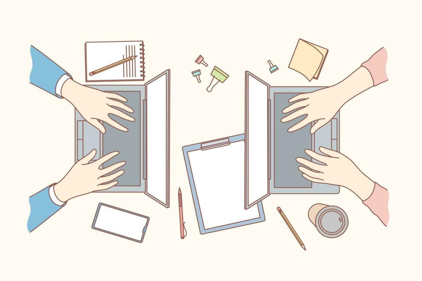 Coworking, business, freelance, coding concept. Team man and woman hands typing text article for posting content. Teamwork for website development and IT programming or updating software on laptops. vector
