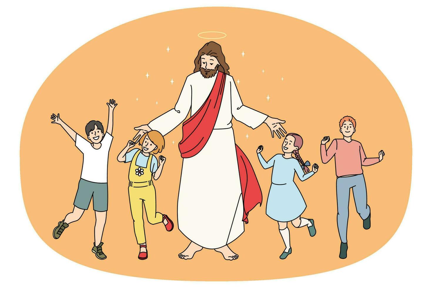 Smiling children dance near Jesus Christ vector
