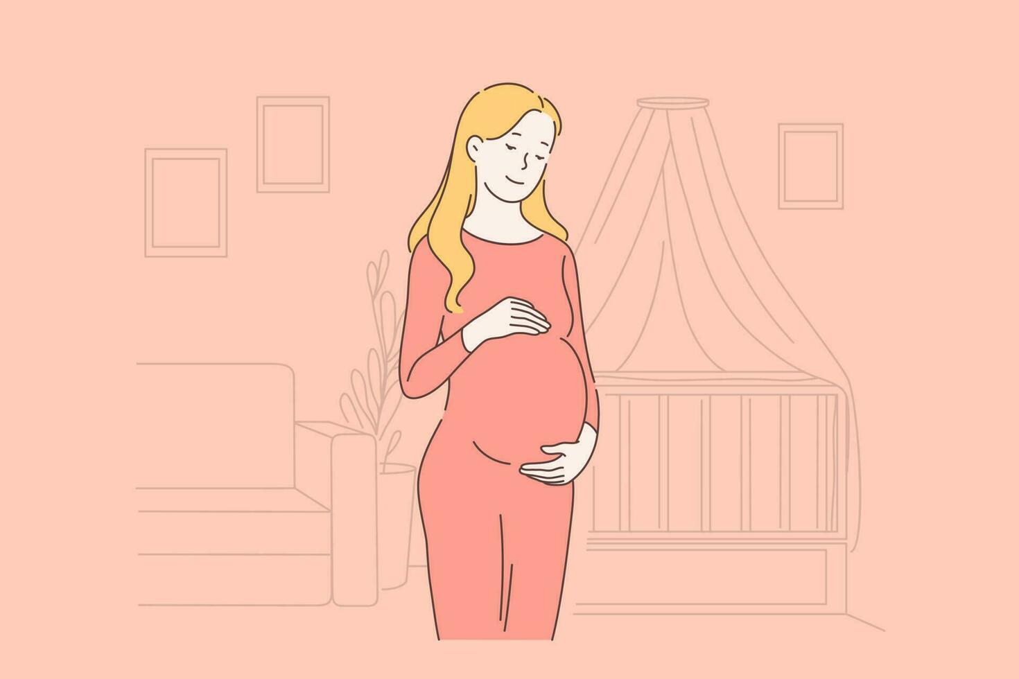 Healthy pregnancy, waiting for childbirth, baby expecting and childbearing, happy motherhood concept. Beautiful pregnant woman holding belly, cheerful expectant mother. Simple flat vector