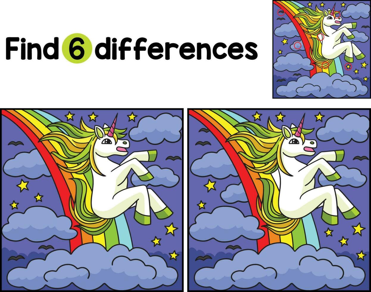 Unicorn Sliding on Rainbow Find The Differences vector