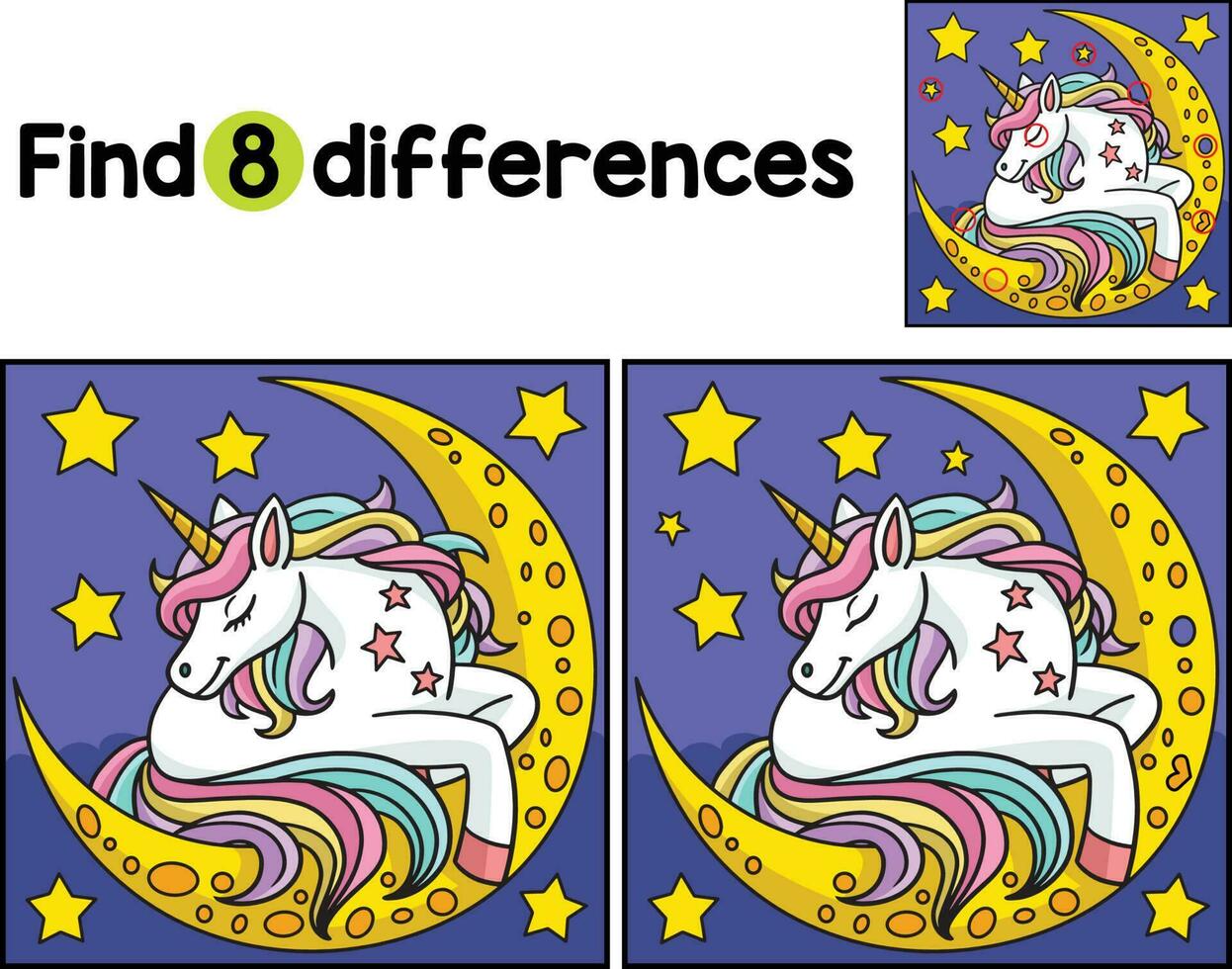 Unicorn Sleeping on the Moon Find The Differences vector