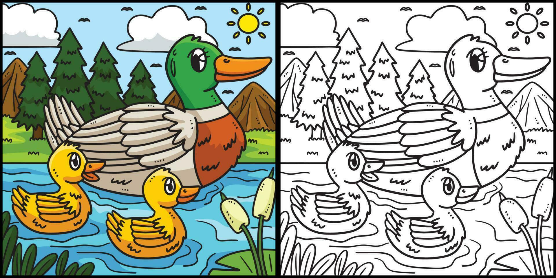 Mother Duck and Duckling Coloring Illustration vector