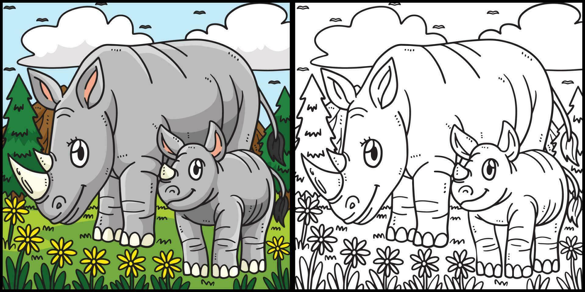 Mother Rhino and Baby Rhino Coloring llustration vector