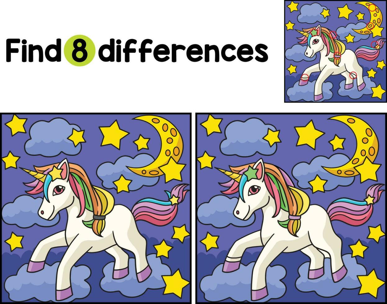 Unicorn with Cloud Star Moon Find The Differences vector