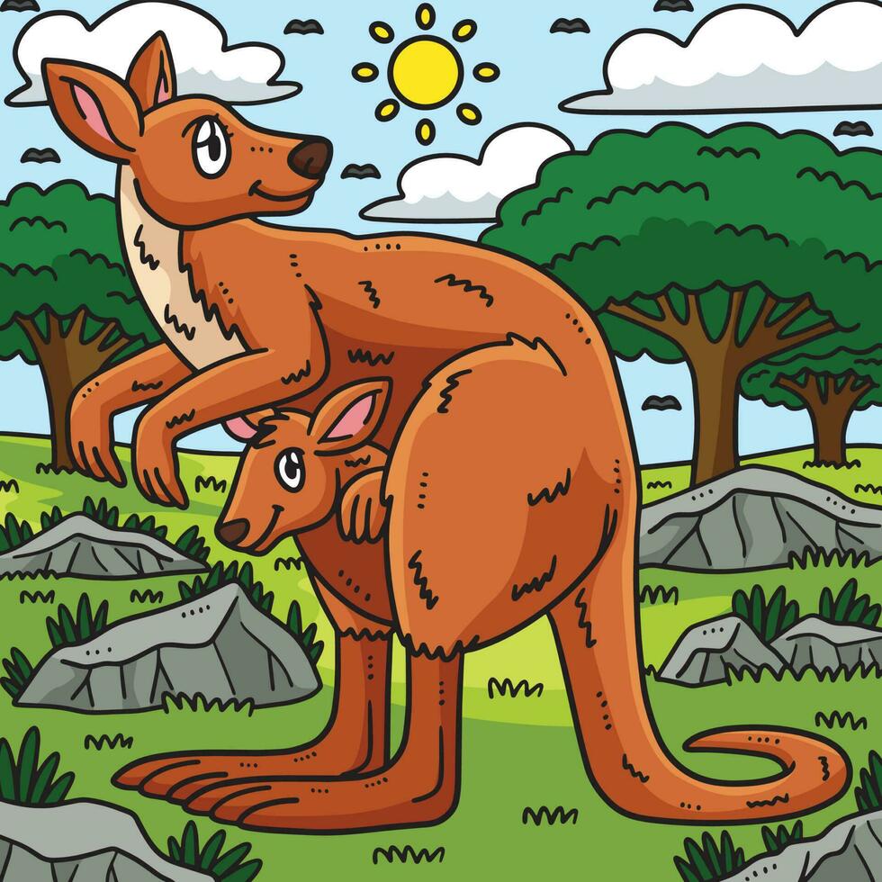 Mother Kangaroo and Baby Kangaroo Colored Cartoon vector