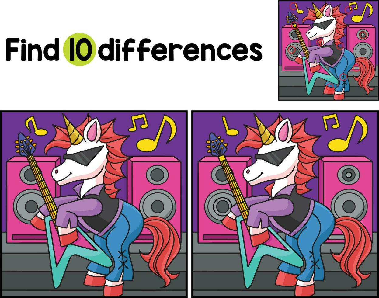 unicornio guitarrista encontrar el diferencias vector