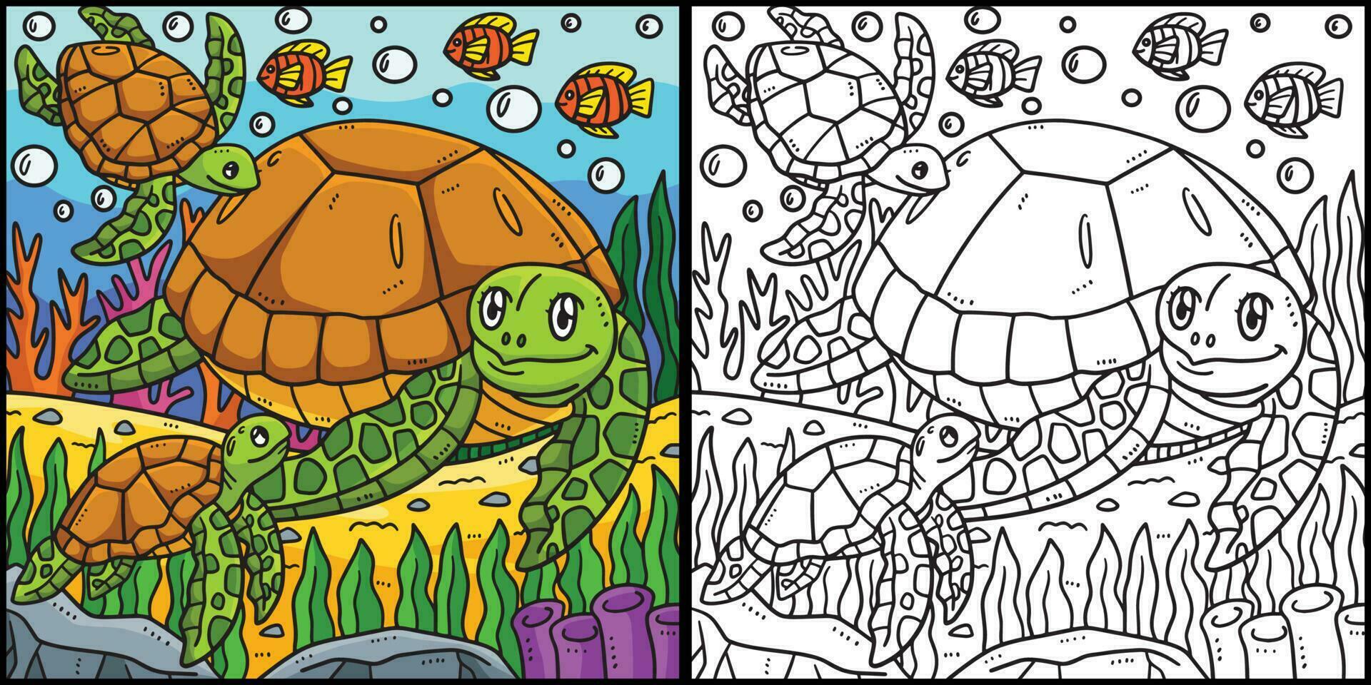 Mother Turtle and Hatchling Coloring Illustration vector