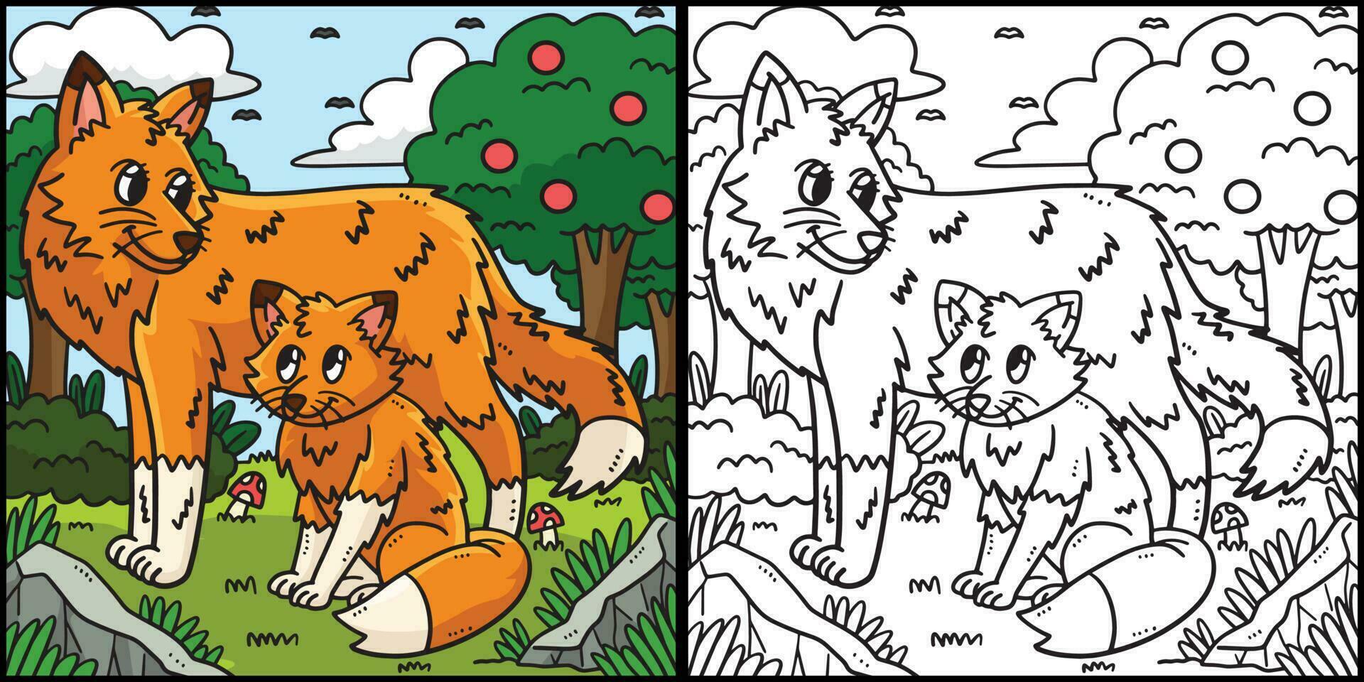 Mother Fox and Baby Fox Coloring Illustration vector