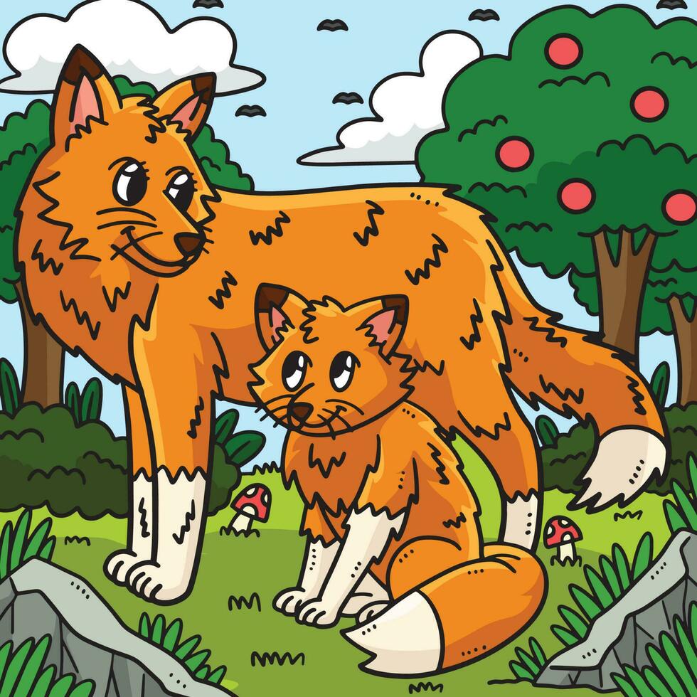 Mother Fox and Baby Fox Colored Cartoon vector