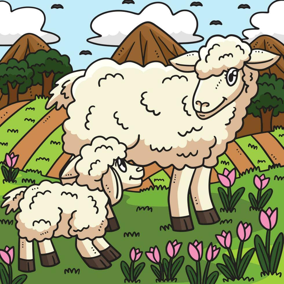 Mother Sheep and Lamb Colored Cartoon Illustration vector