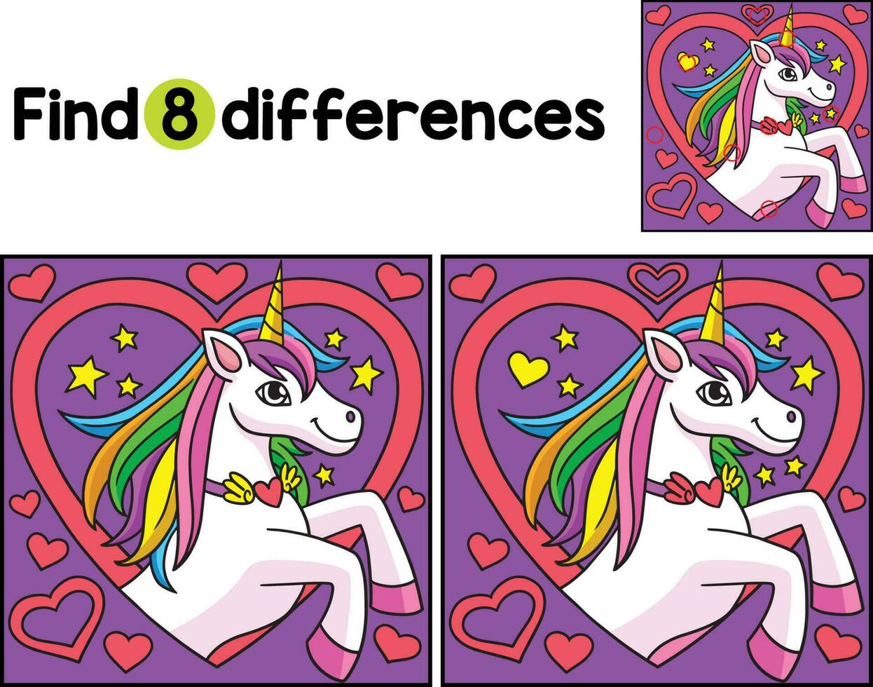 Unicorn with Heart Find The Differences vector