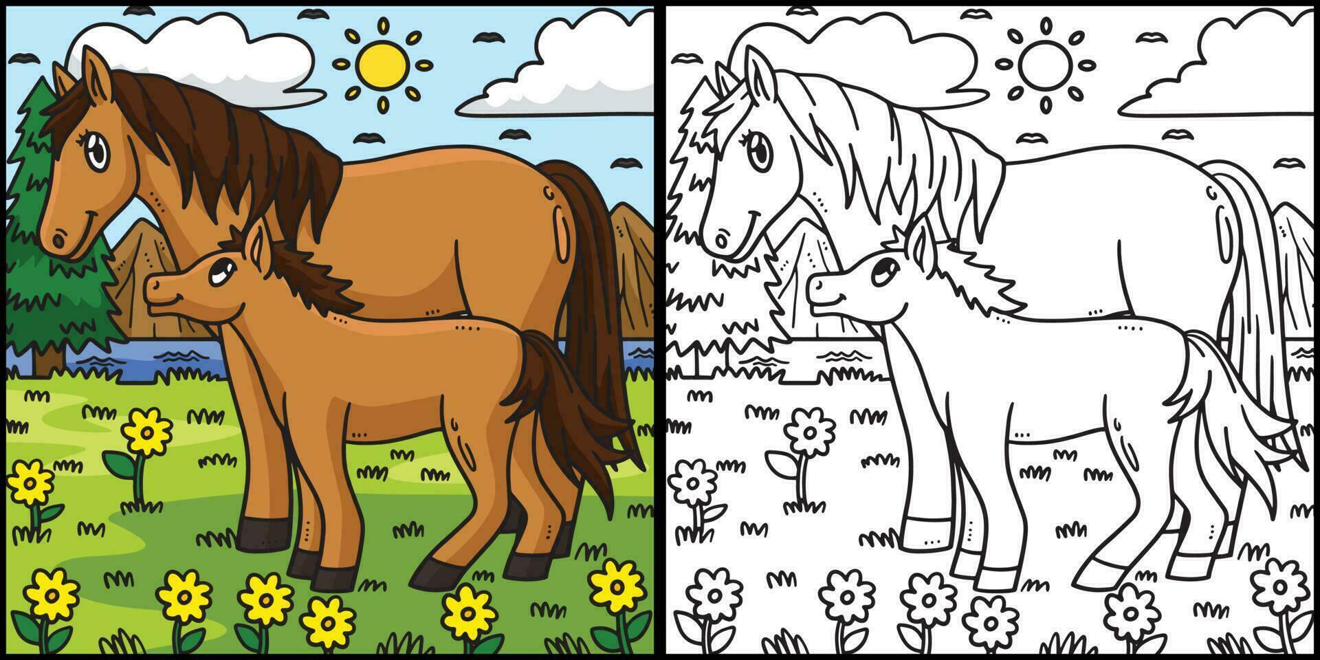 Mother Horse and Foal Coloring Page Illustration vector